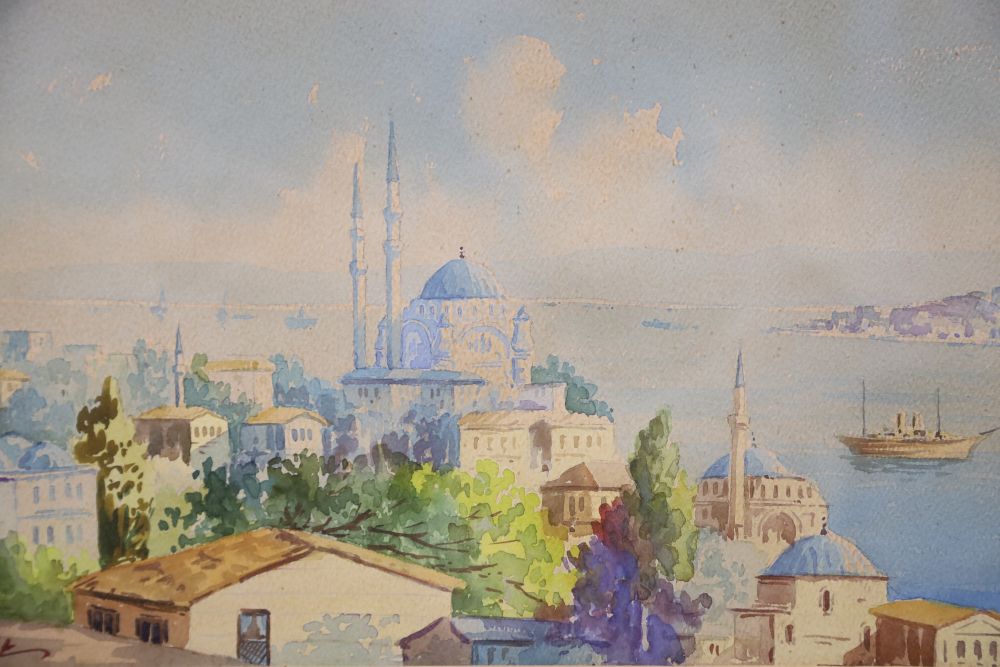 Vajit Armagan, watercolour, View of Constantinople across the Bosphorus, signed, 24 x 39cm